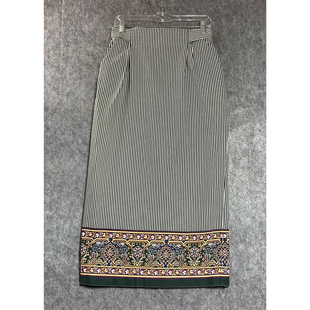 Vintage Skirt Womens Small Green Striped Border Print Pockets Long Pencil 90s